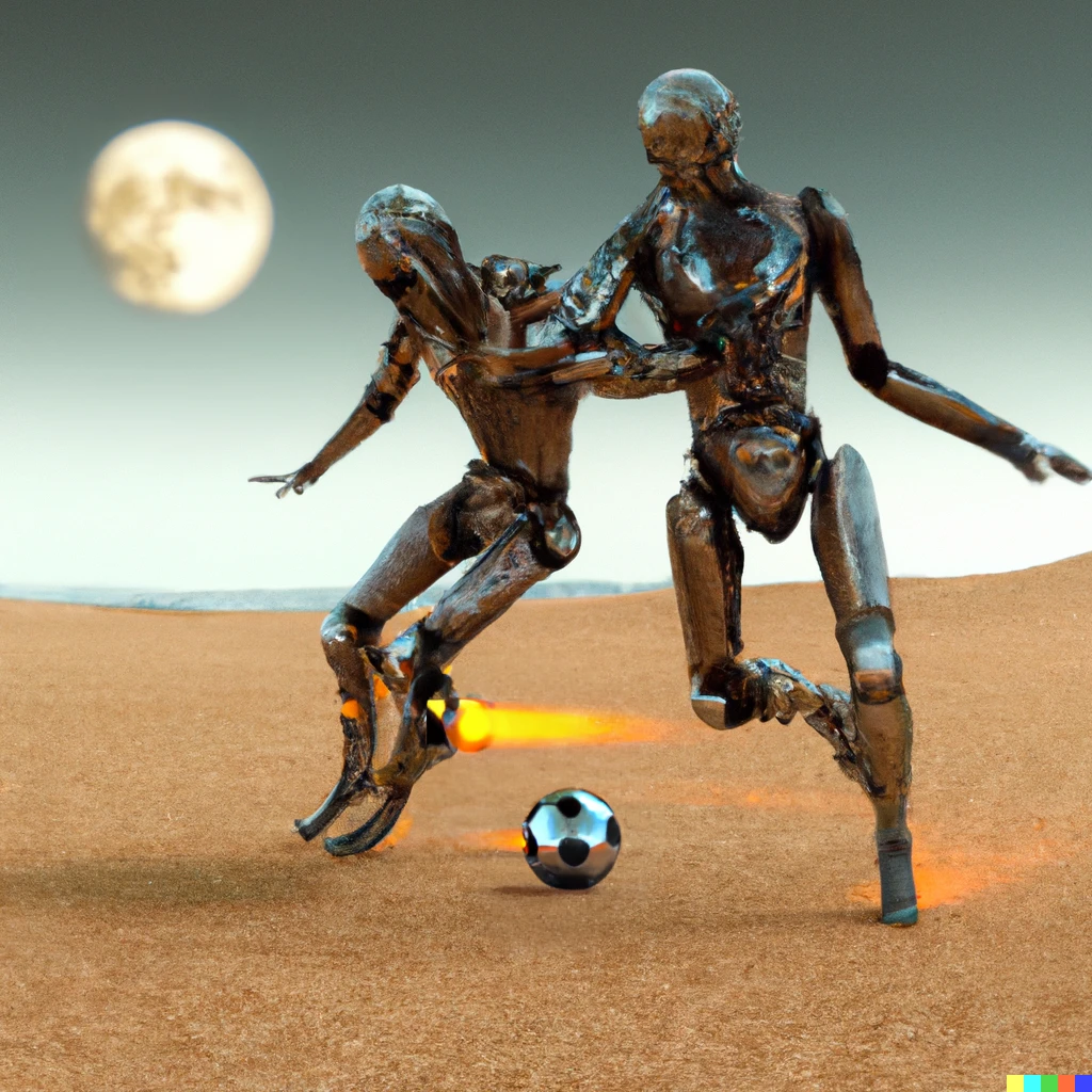 Prompt: 2 Cyborg playing soccer at a desert planet with the scifi moon in the horizon