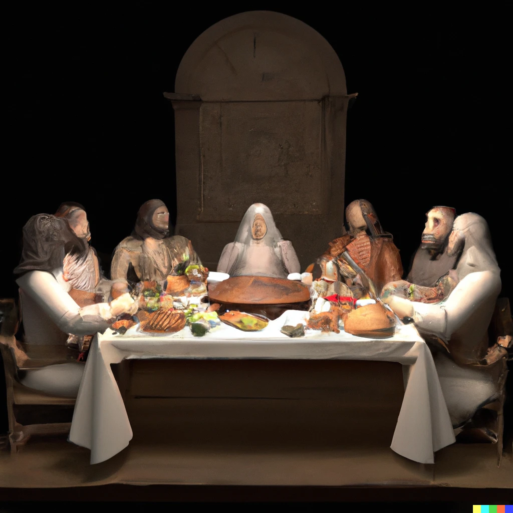 Prompt: Versión 3d realista de la última cena de da Vinci