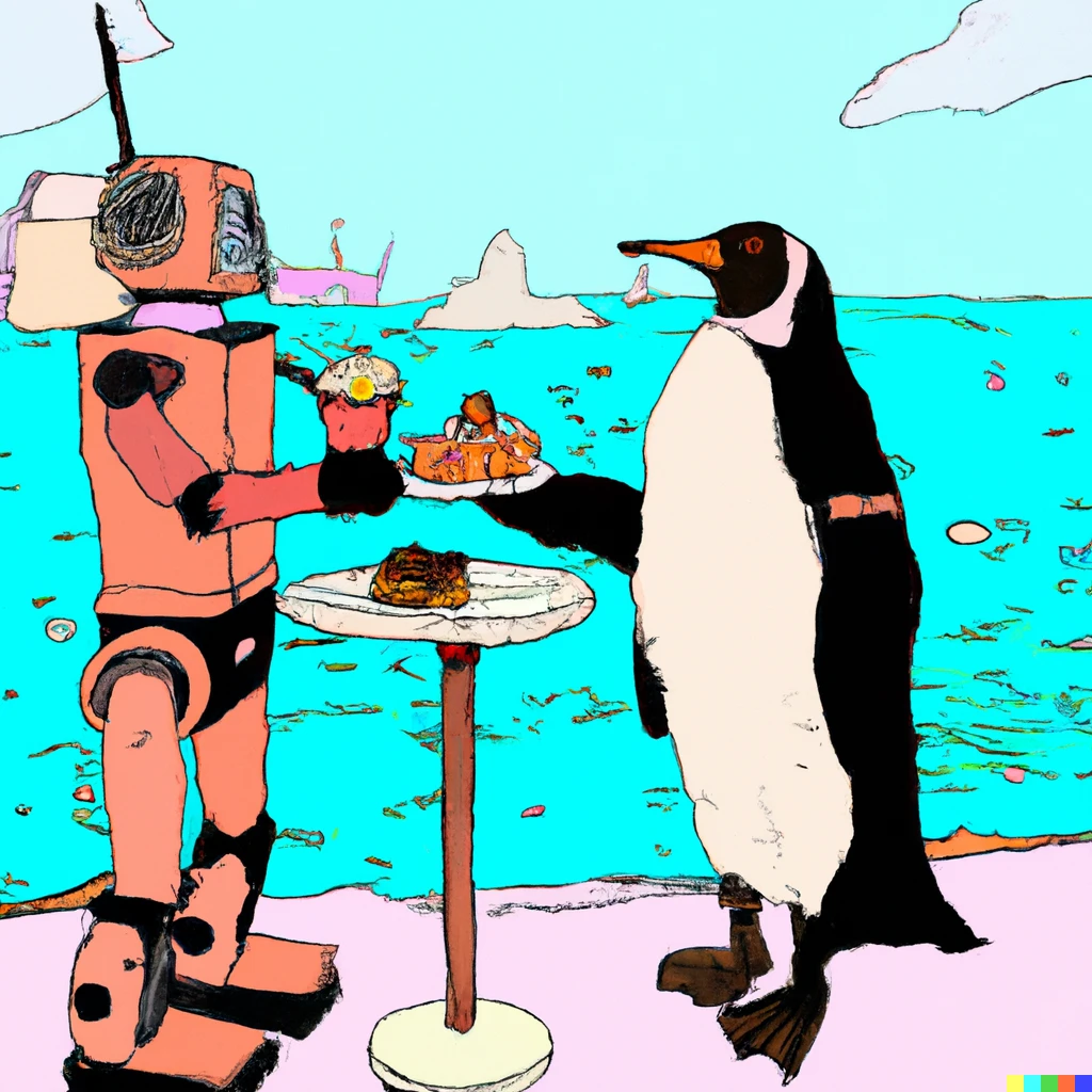 Prompt: a penguin sharing desert with a robot at a fancy restaurant by the water, detailed scribble art