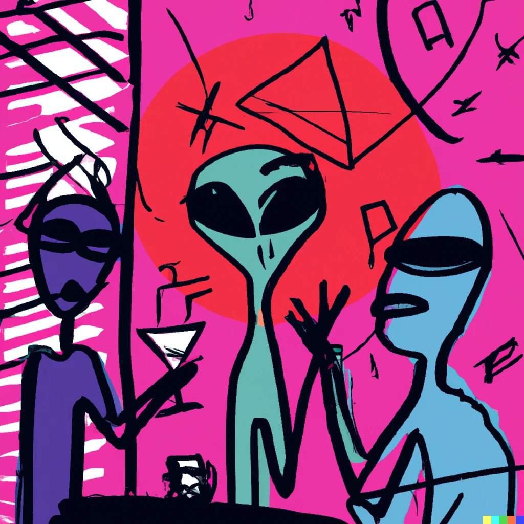Prompt: A Basquiat style doodle of three extraterrestrials in a 70s loft sipping martinis as dusk dims, discussing love and music and stardust