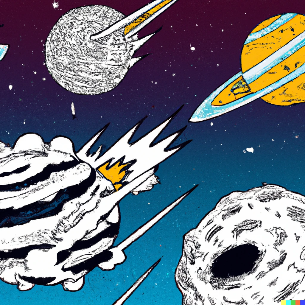 Prompt: comets, a futuristic spaceship, planets, comic book