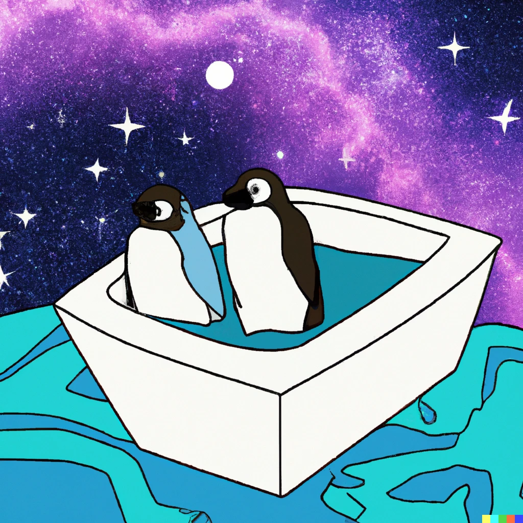 Prompt: a pair of penguins in a jacuzzi that's floating in outer space, vaporwave 
