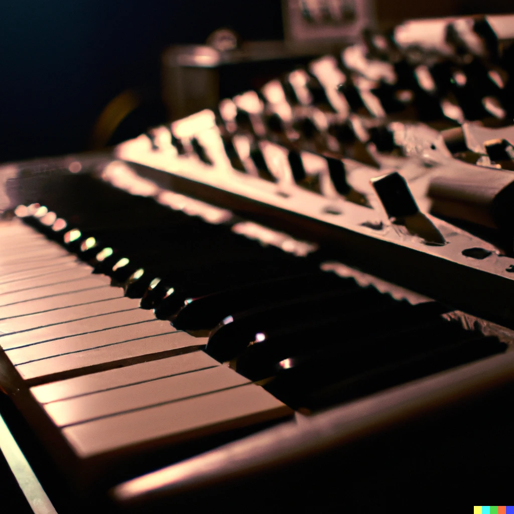 Prompt: a macro 35mm photo of a vintage synthesizer in a smokey dim lit studio 