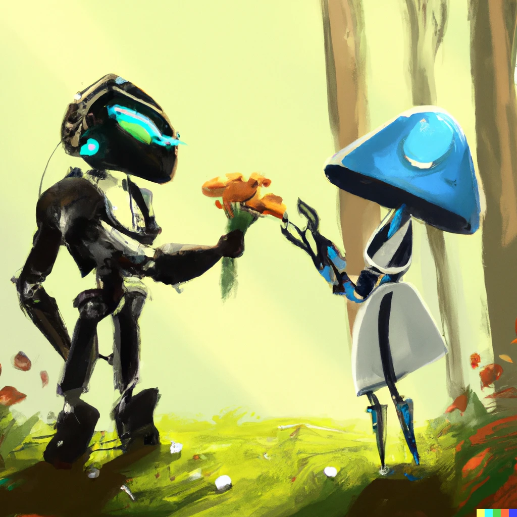 Prompt: a robot telling another robot that they're sorry by giving them a bouquet of mushrooms, digital art