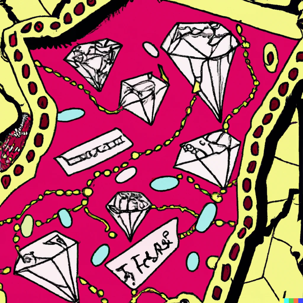 Prompt: a treasure map that leads to a cache of diamonds and rubies in the style of Andy Warhol