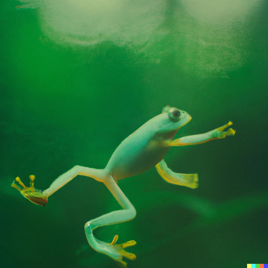 Prompt: 35mm macro photo of a glowing frog in mid-air, in a lush green jungle