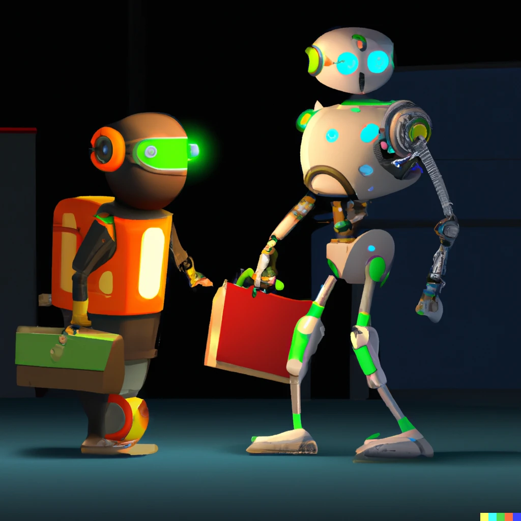 Prompt: a robot training another robot to do a human's job, digital art