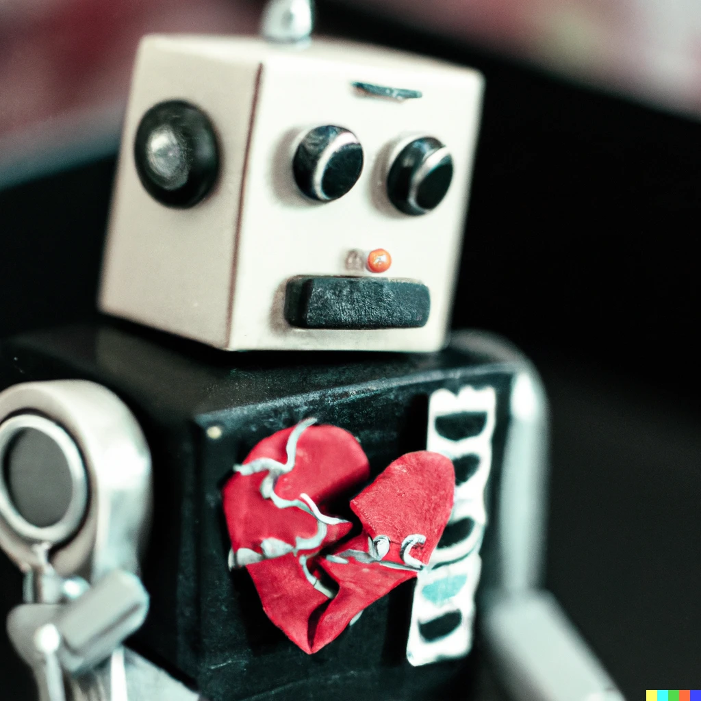 Prompt: macro 35mm photo of a robot with a broken heart