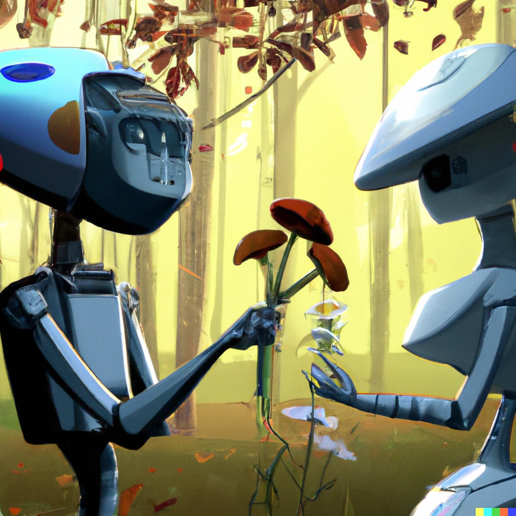 Prompt: a robot telling another robot that they're sorry by giving them a bouquet of mushrooms, digital art