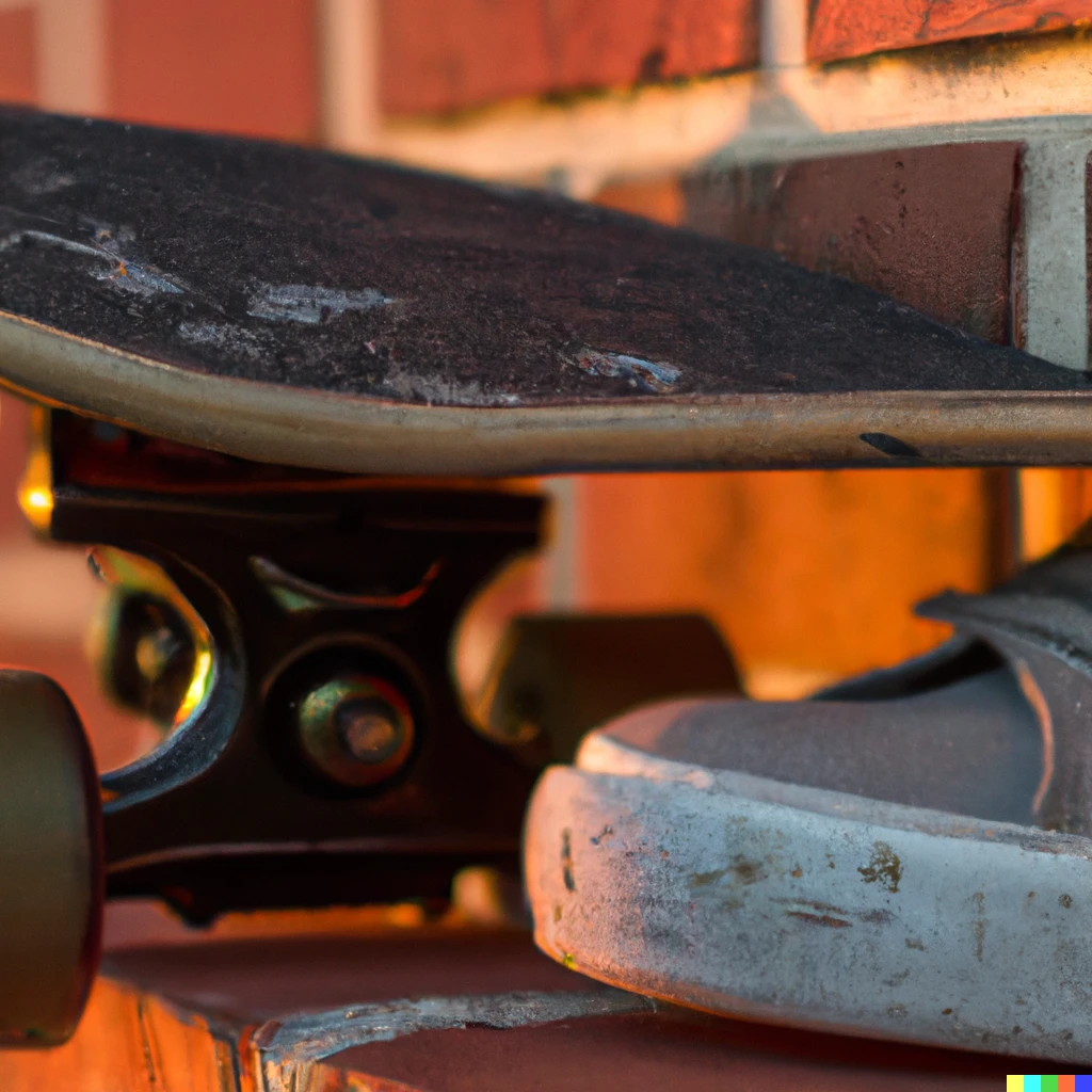 Prompt: a macro 35mm photograph of two sneakers and a scuffed skateboard deck leaning against a brick wall at sunset
