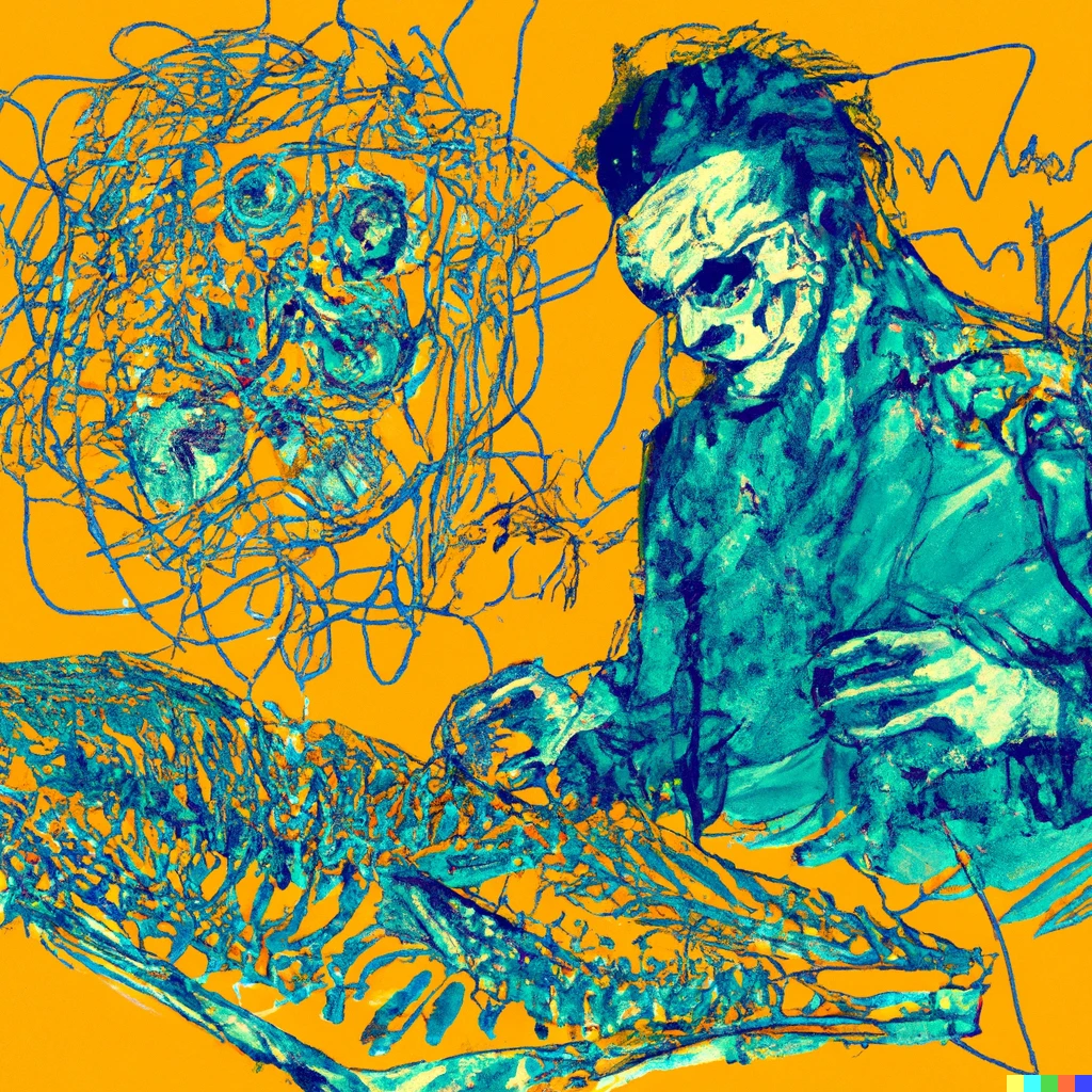 Prompt: Dr Frankenstein using a modular synthesizer, scribble