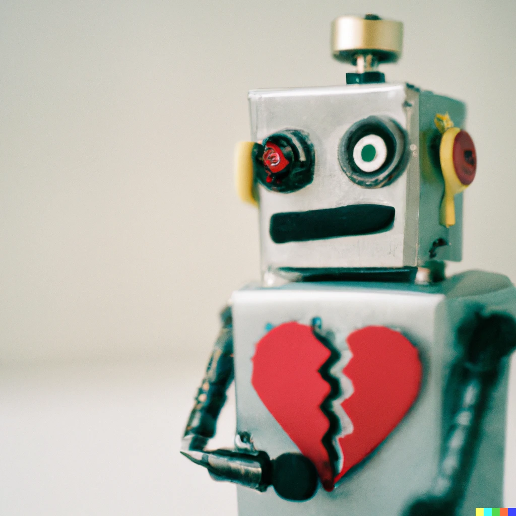 Prompt: macro 35mm photo of a robot with a broken heart