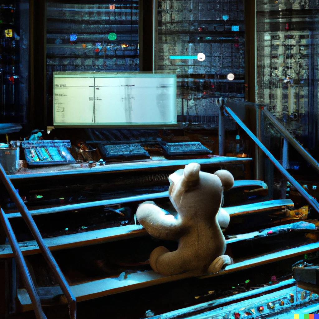 Prompt: a teddy bear on a ladder programming another a massive modular synth, digital art