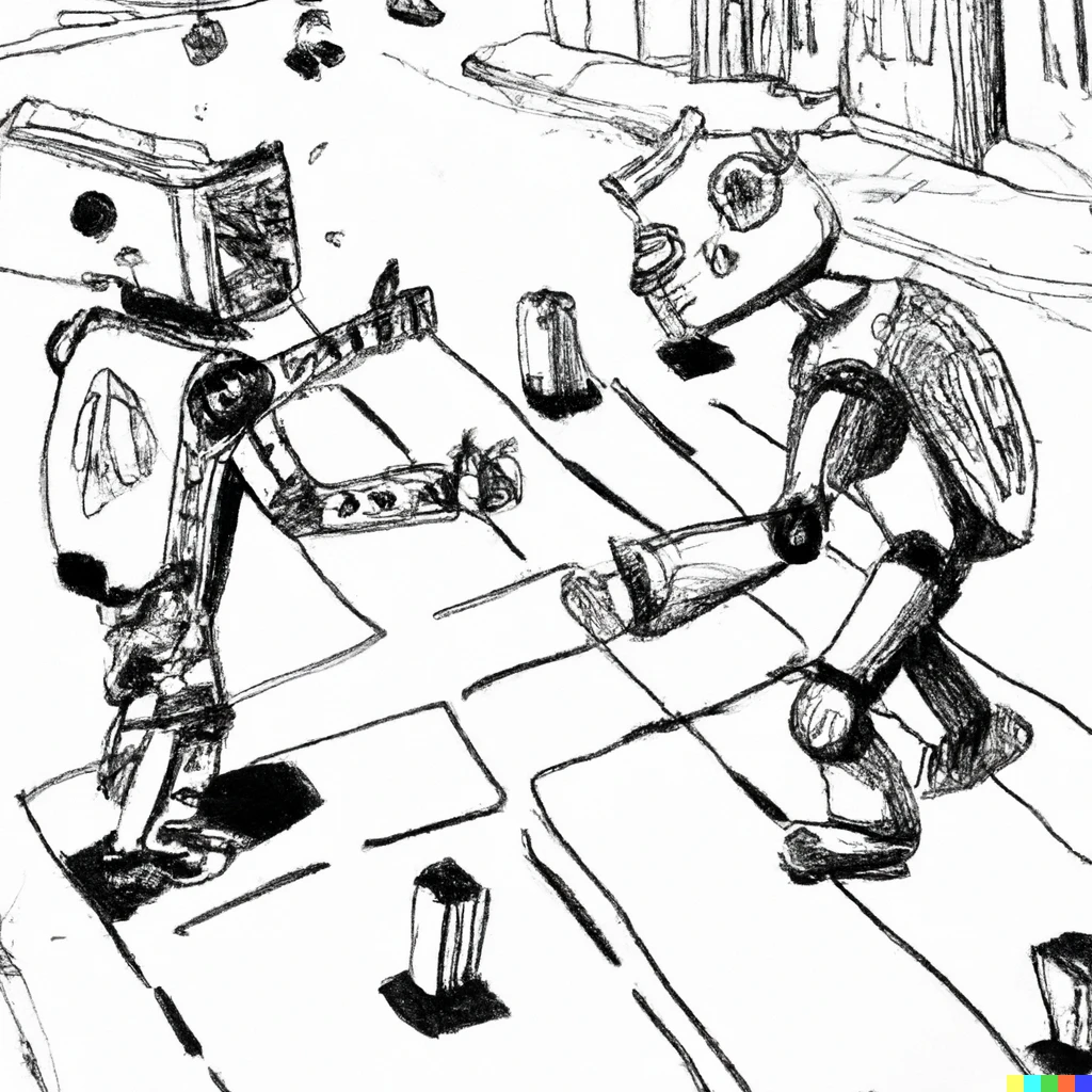 Prompt: a robot playing hopscotch with another robot in the middle of a busy street, ink