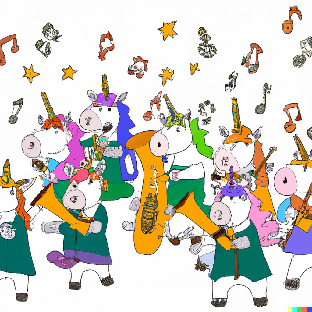 Prompt: an orchestra of unicorns playing bagpipes
