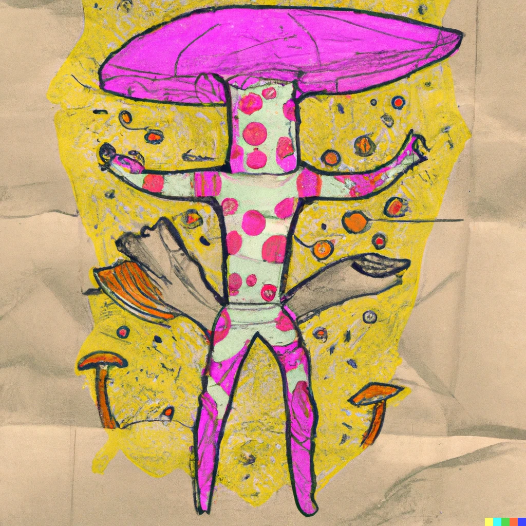 Prompt: a doodle of an extraterrestrial with mushroom limbs art, colored pencil and torn paper