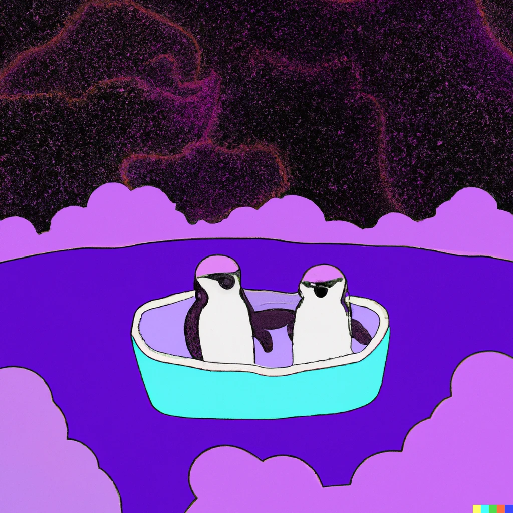 Prompt: a pair of penguins in a jacuzzi that's floating in outer space, vaporwave 
