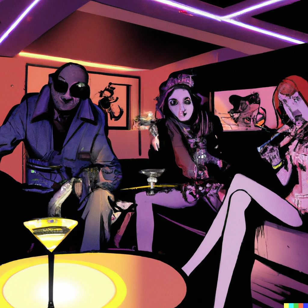 Prompt: A Stan Lee style print of three extraterrestrials in a 70s loft sipping martinis as dusk dims, discussing love and music and stardust
