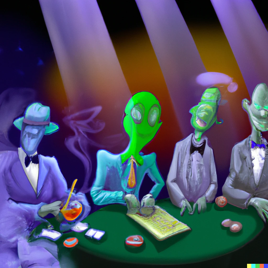 Prompt: a few extraterrestrials playing poker at a smokey jazz club