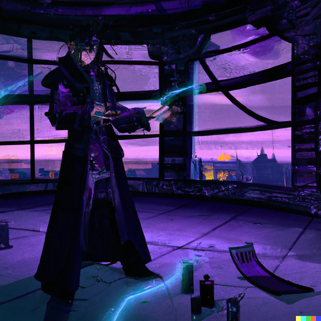 Prompt: A cyberpunk wizard casting spells inside a dystopian penthouse