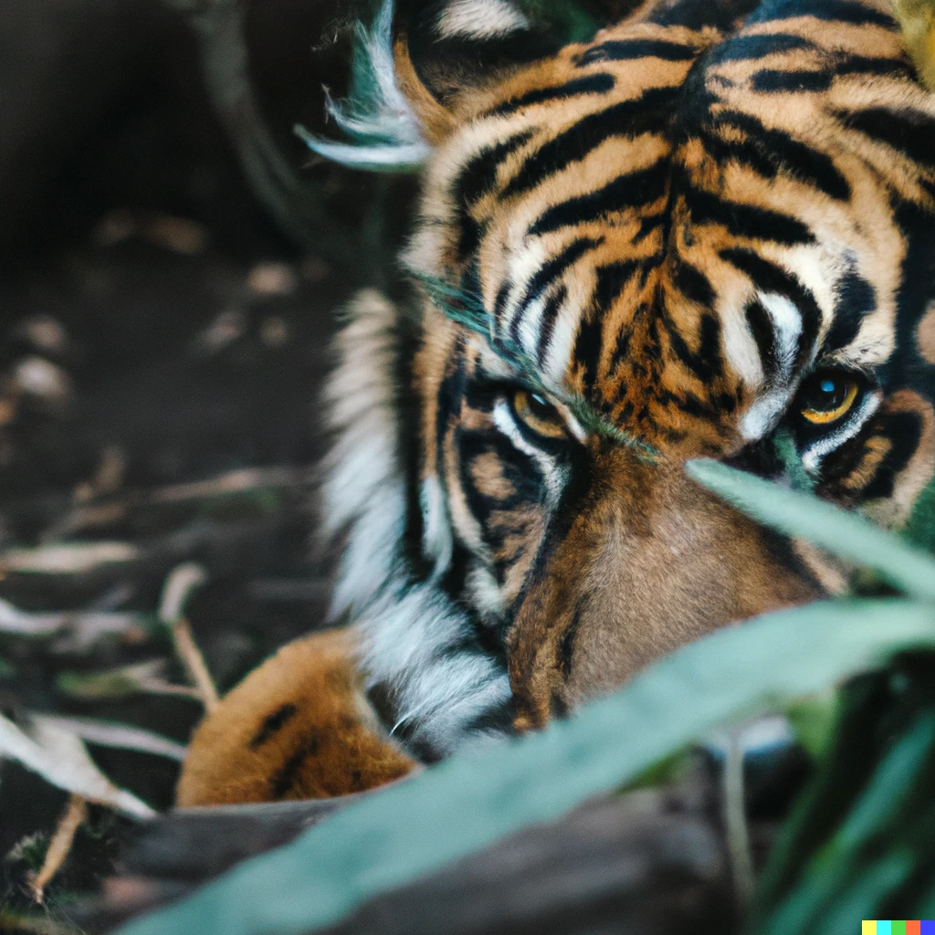Prompt: macro 35mm of a tiger hiding