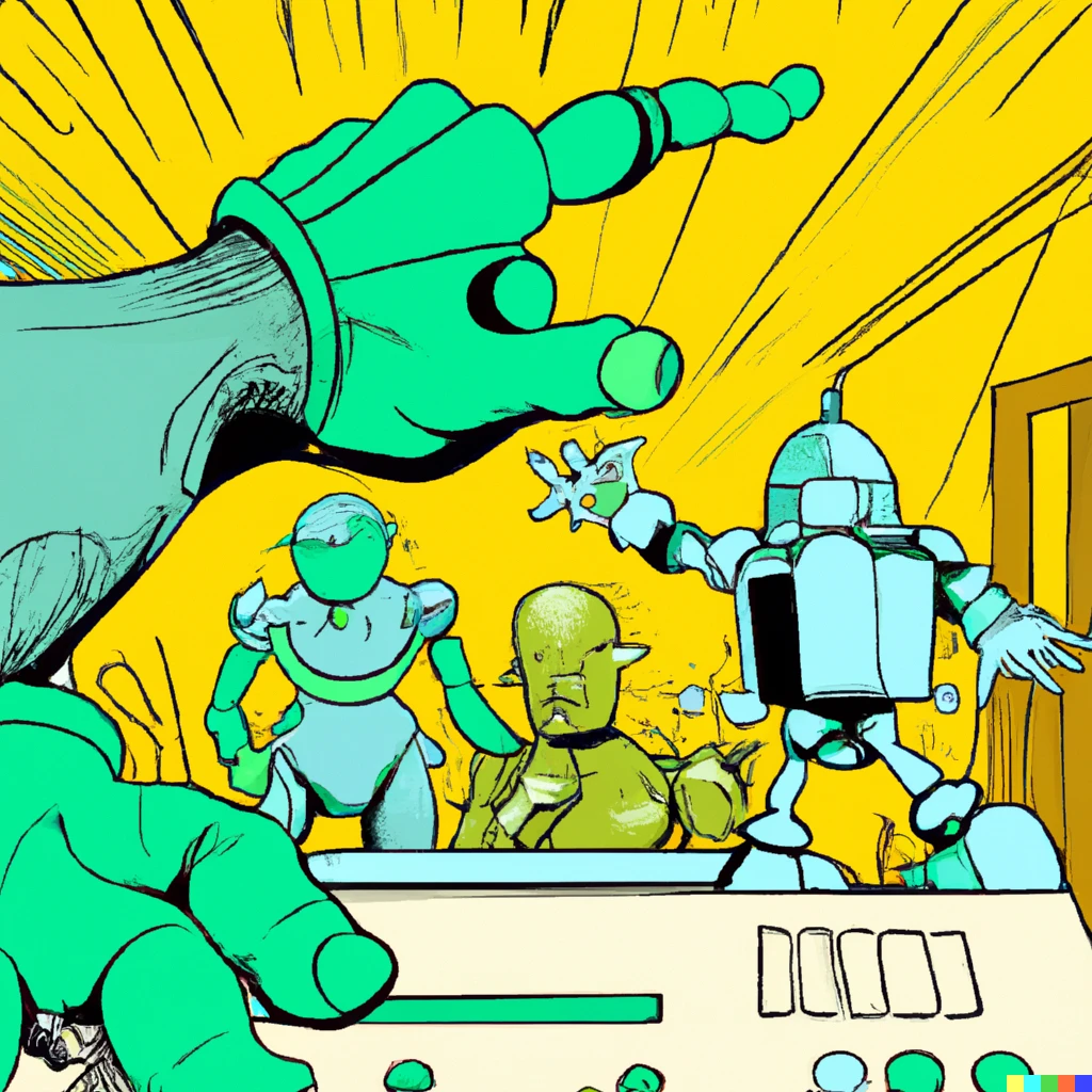 Prompt: a robot training extraterrestrials to do a human's job, comic-book style art