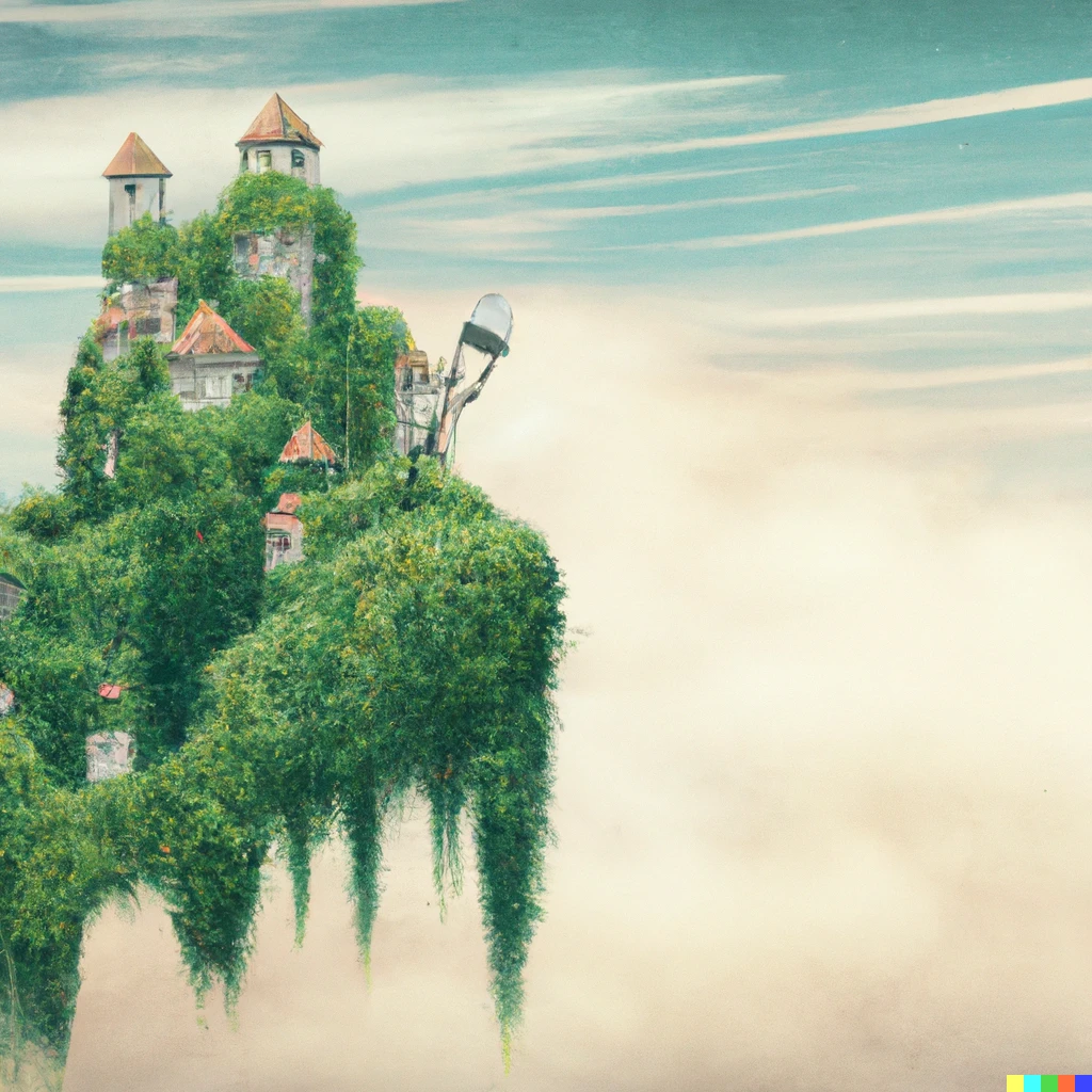 Prompt: an ivy-covered castle in a magical cloud city