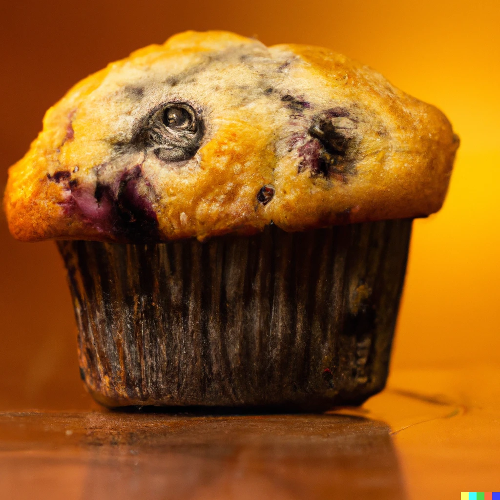 Prompt: A moist blueberry muffin on an amber countertop