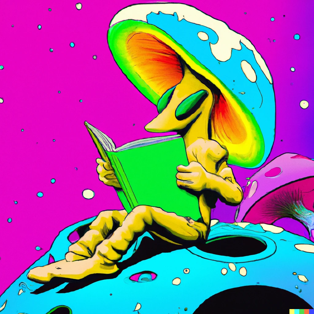 Prompt: a happy alien sitting on a giant mushroom reading a science fiction comic book, vaporwave