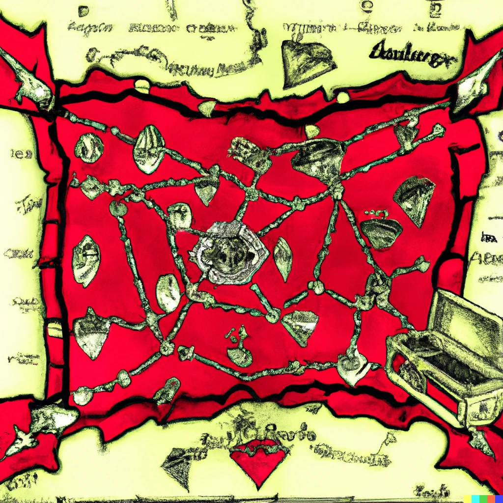 Prompt: a treasure map that leads to a cache of diamonds and rubies in the style of Andy Warhol