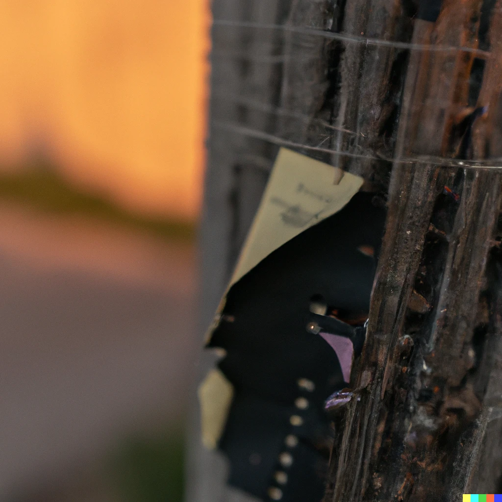 Prompt: a high definition photo of a ripped concert flyer on a chipping telephone pole at the golden hour
