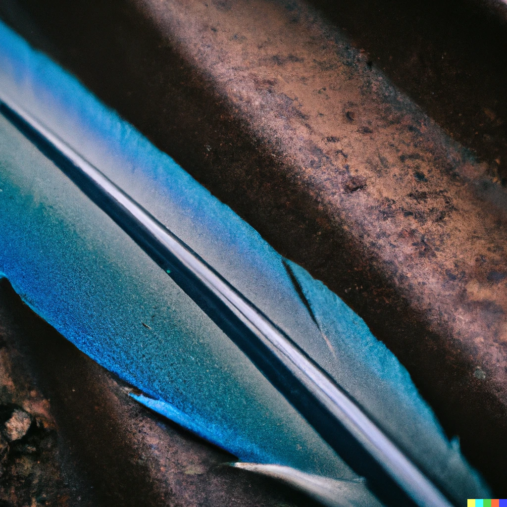 Prompt: A highly detailed macro 35mm photo of a blue jay feather on a rusty train track 