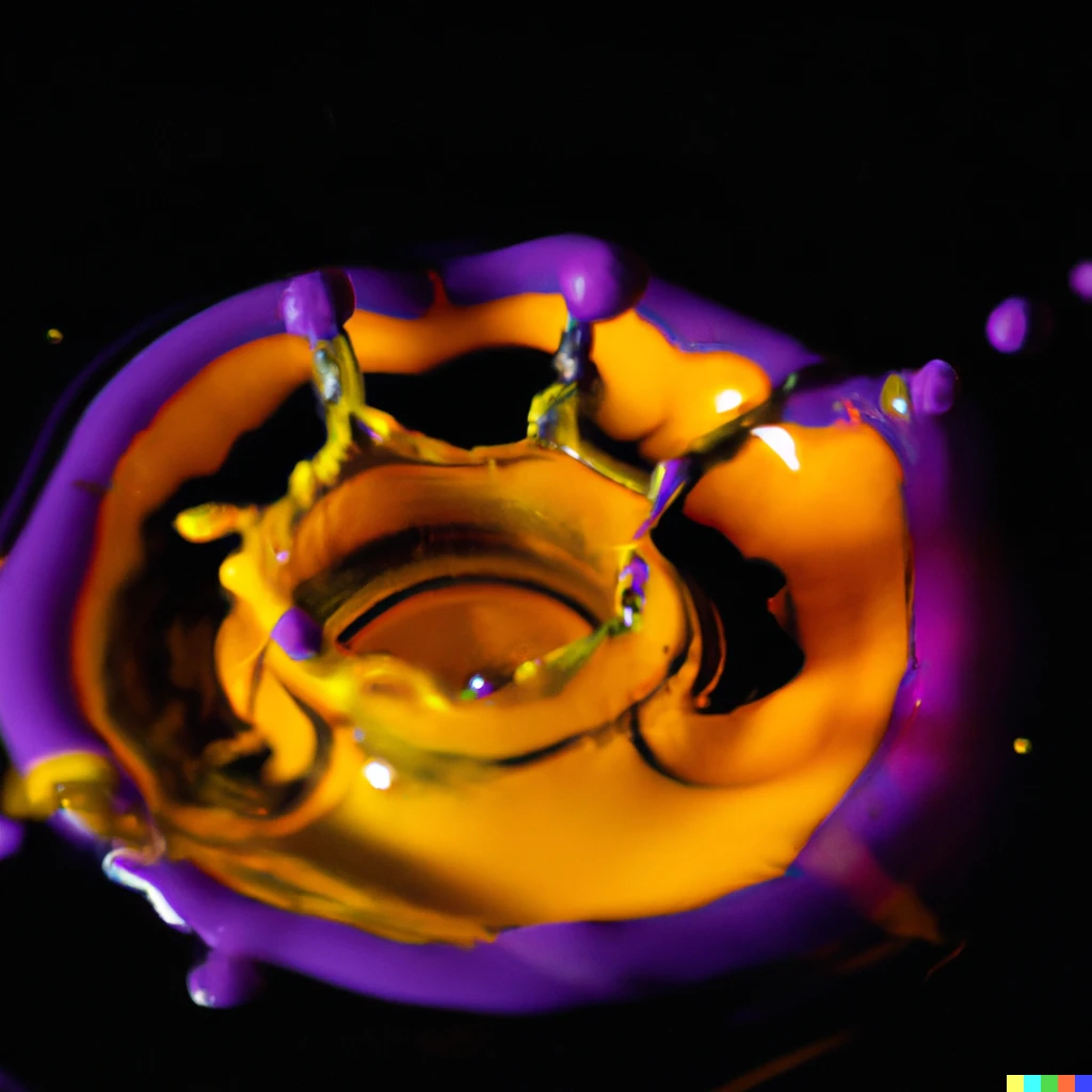 Prompt: 35mm macro photo of a purple and yellow liquid splashing