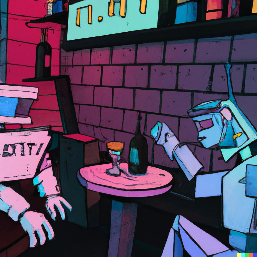 Prompt: a caricature of a robot being done by another robot in a bar, vaporwave