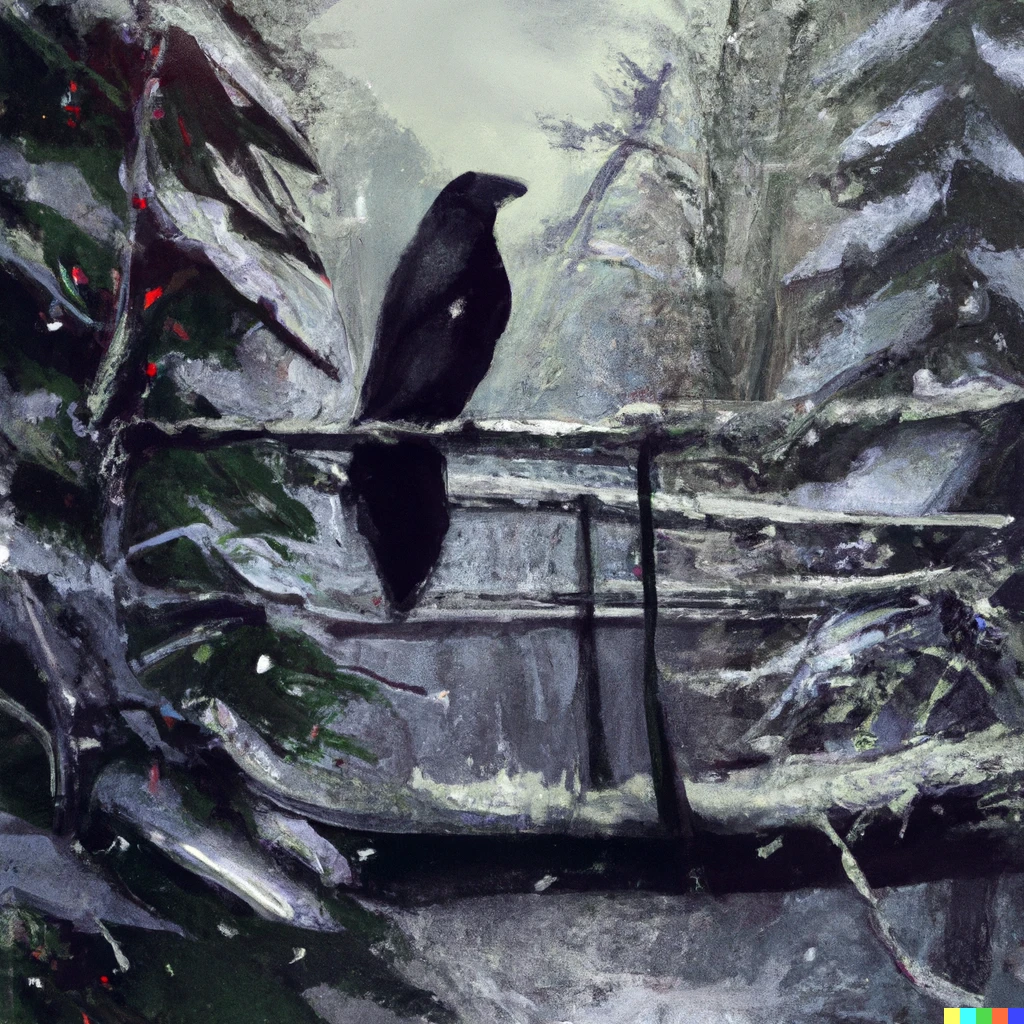 Prompt: a raven sitting on a wire in a winter forest, digital art