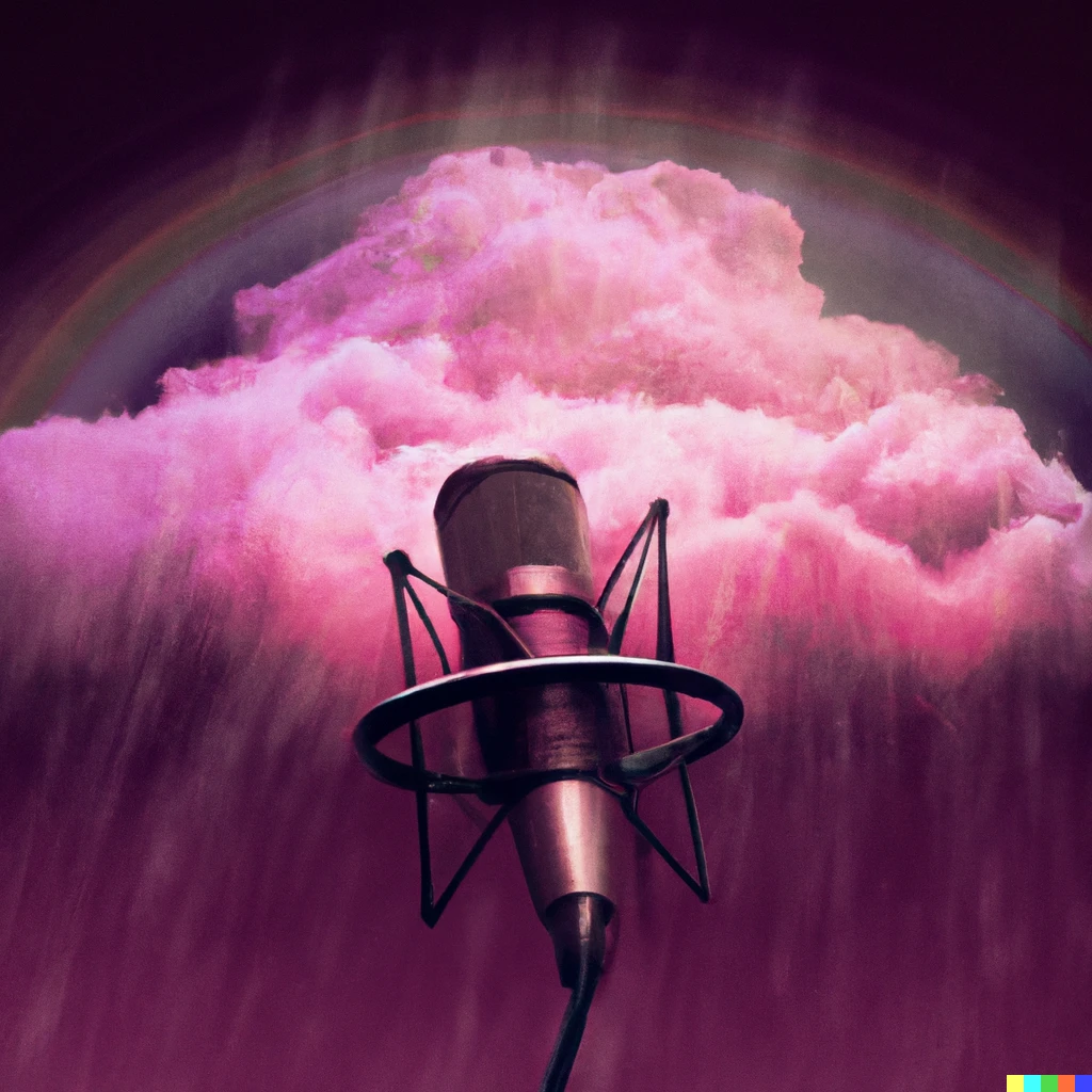 Prompt: a Neumann microphone resting on a crimson nimbus cloud that is raining purple and pink, digital art