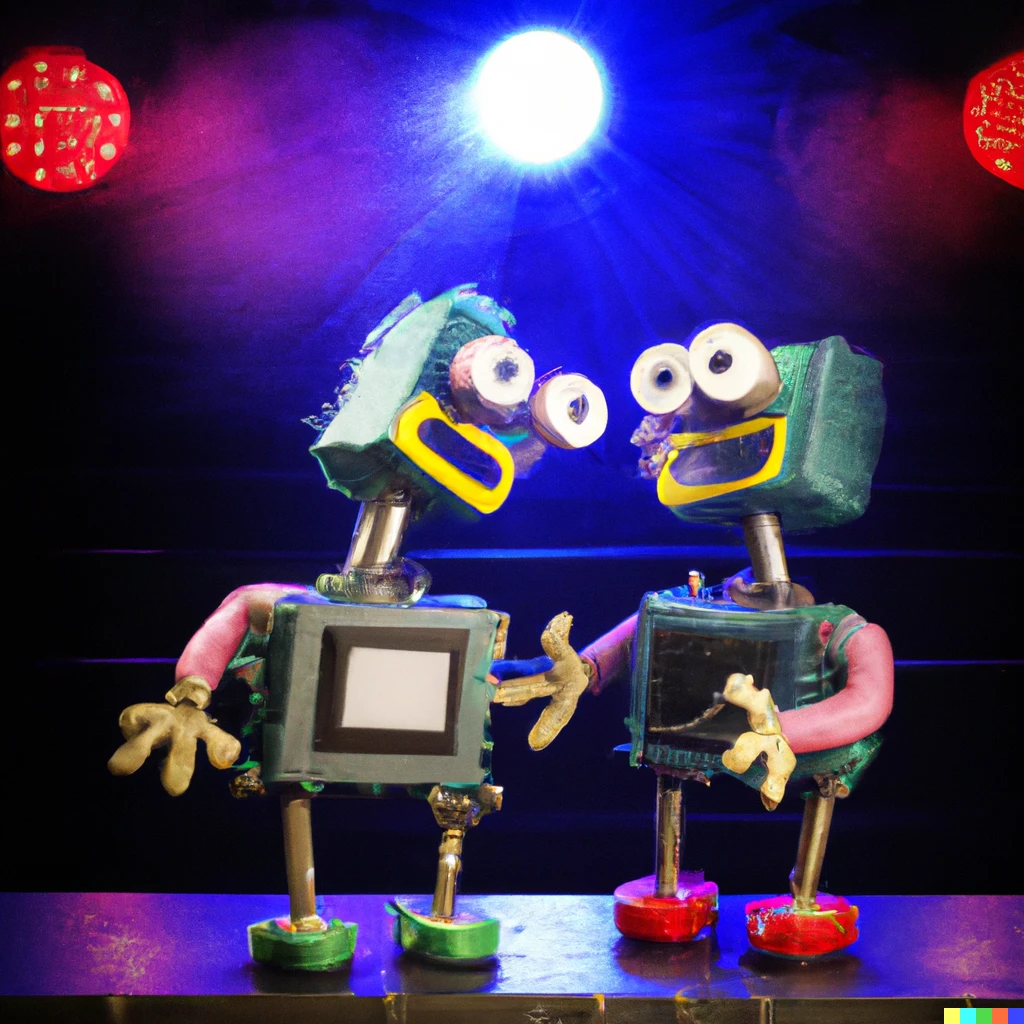 Prompt: Two muppet robots on a stage