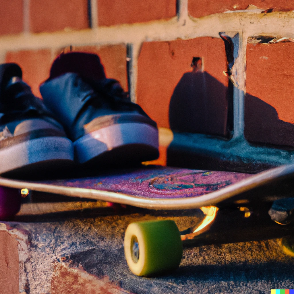 Prompt: a macro 35mm photograph of two sneakers and a scuffed skateboard deck leaning against a brick wall at sunset