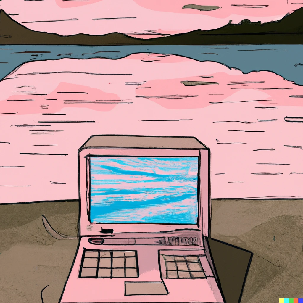 Prompt: a computer contemplating its own existence by a lake at sunrise, reflecting pink water, comic book