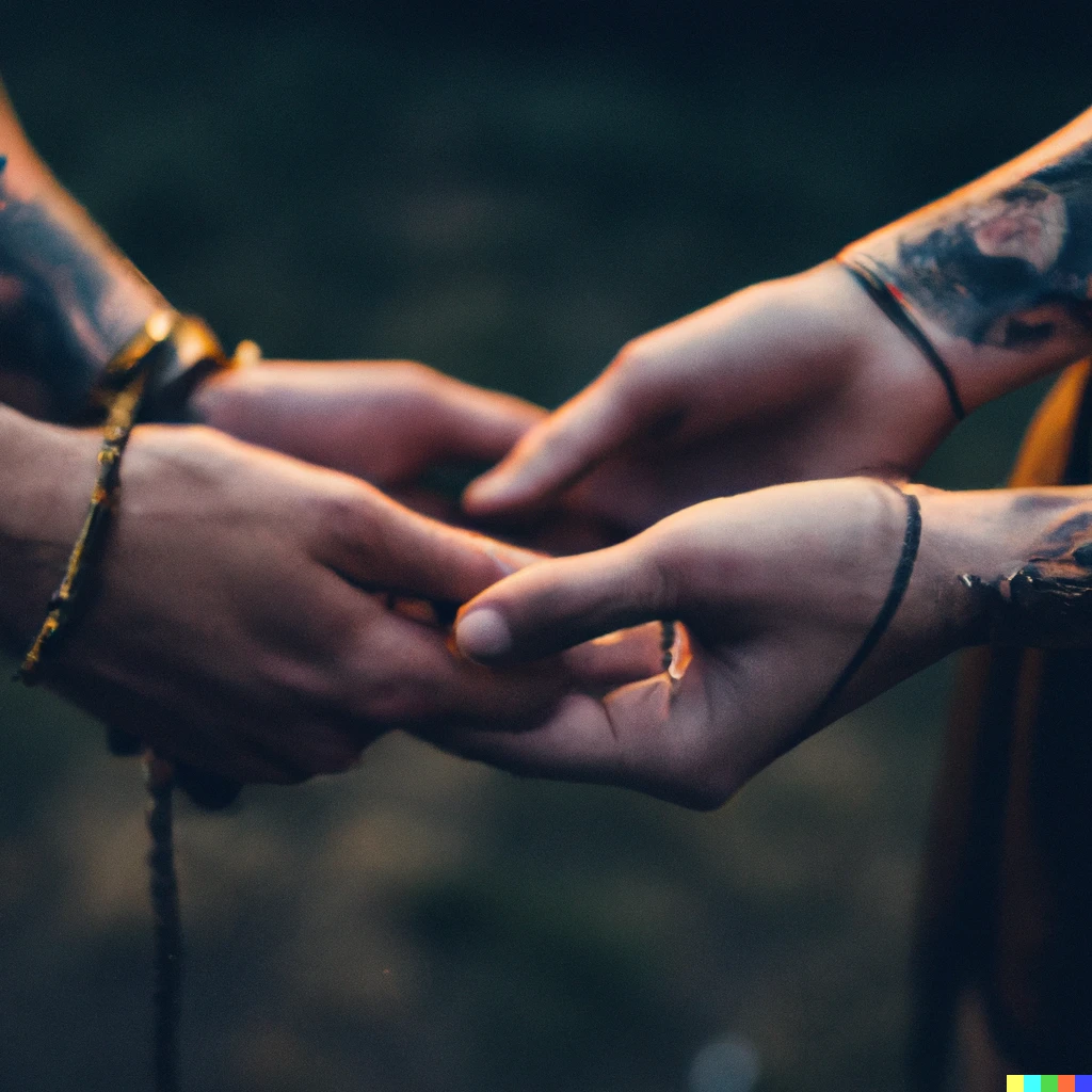 Prompt: A macro 35mm photo of two tattooed hands holding hands, dusk, golden
