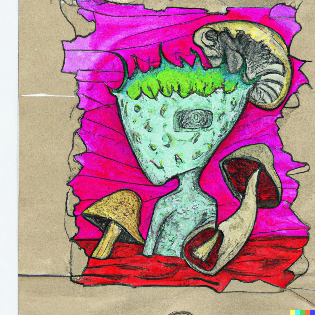 Prompt: a doodle of an extraterrestrial with mushroom limbs art, colored pencil and torn paper