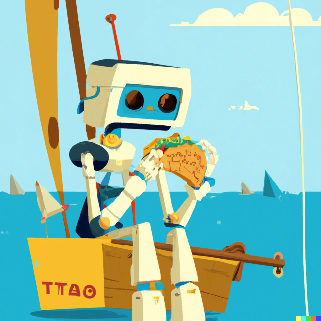 Prompt: An elderly robot eating a taco on a sailboat