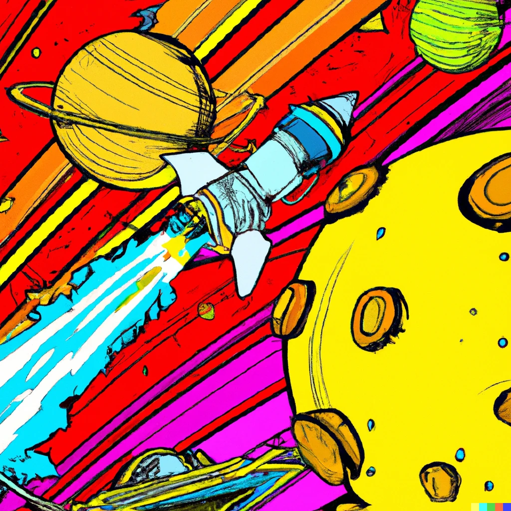 Prompt: comets and a futuristic spaceship and planets, comic-book style