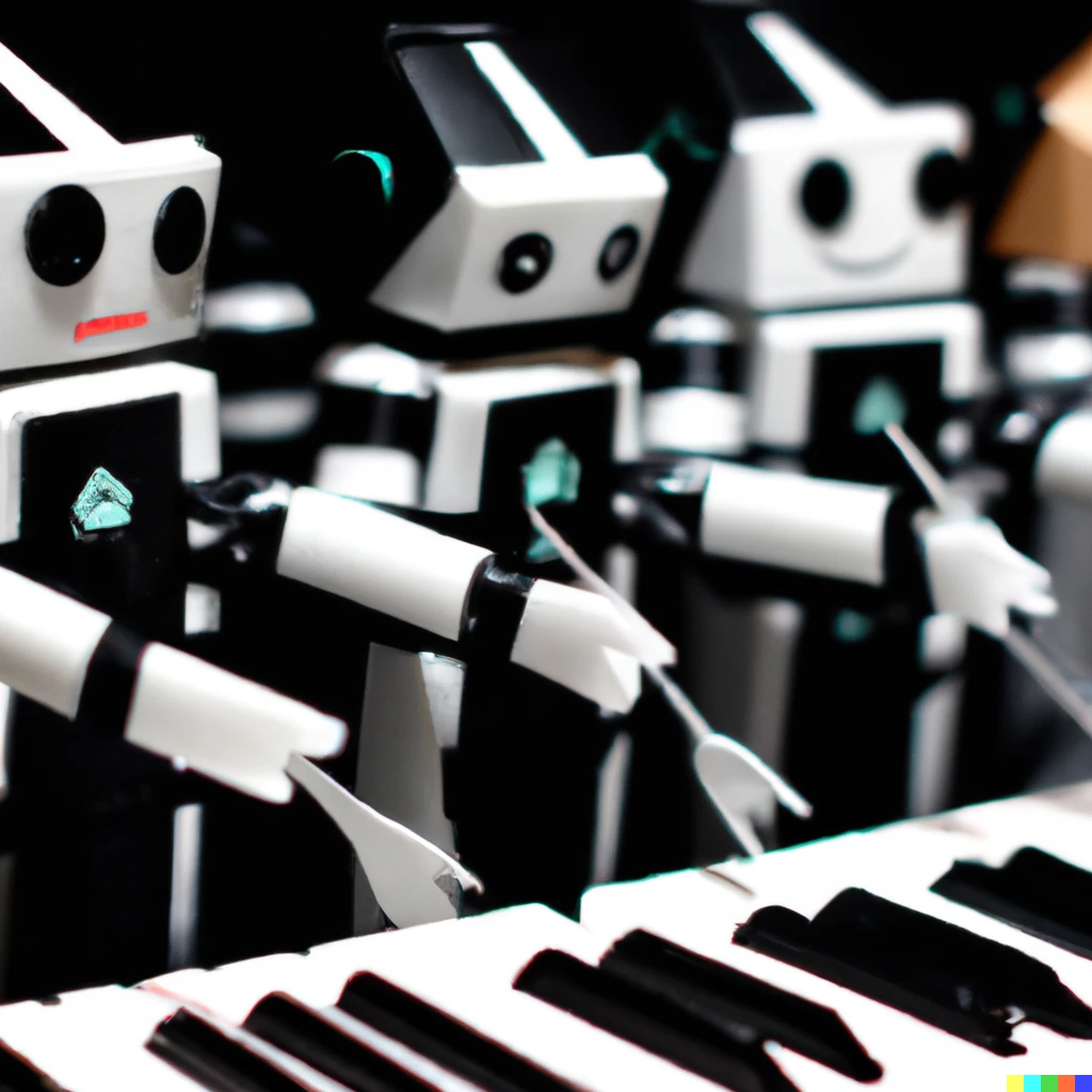 Prompt: a macro 35mm photo of an orchestra of key-tar playing robots