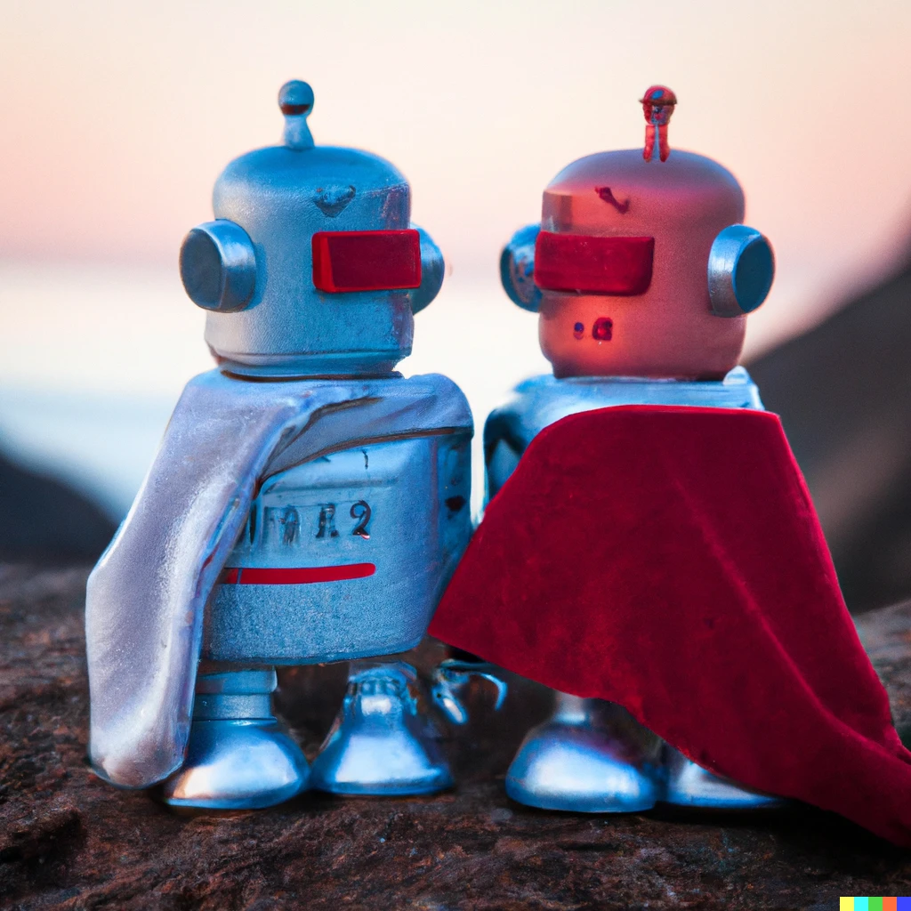 Prompt: Two robots in bathrobes sitting on a stone at dawn