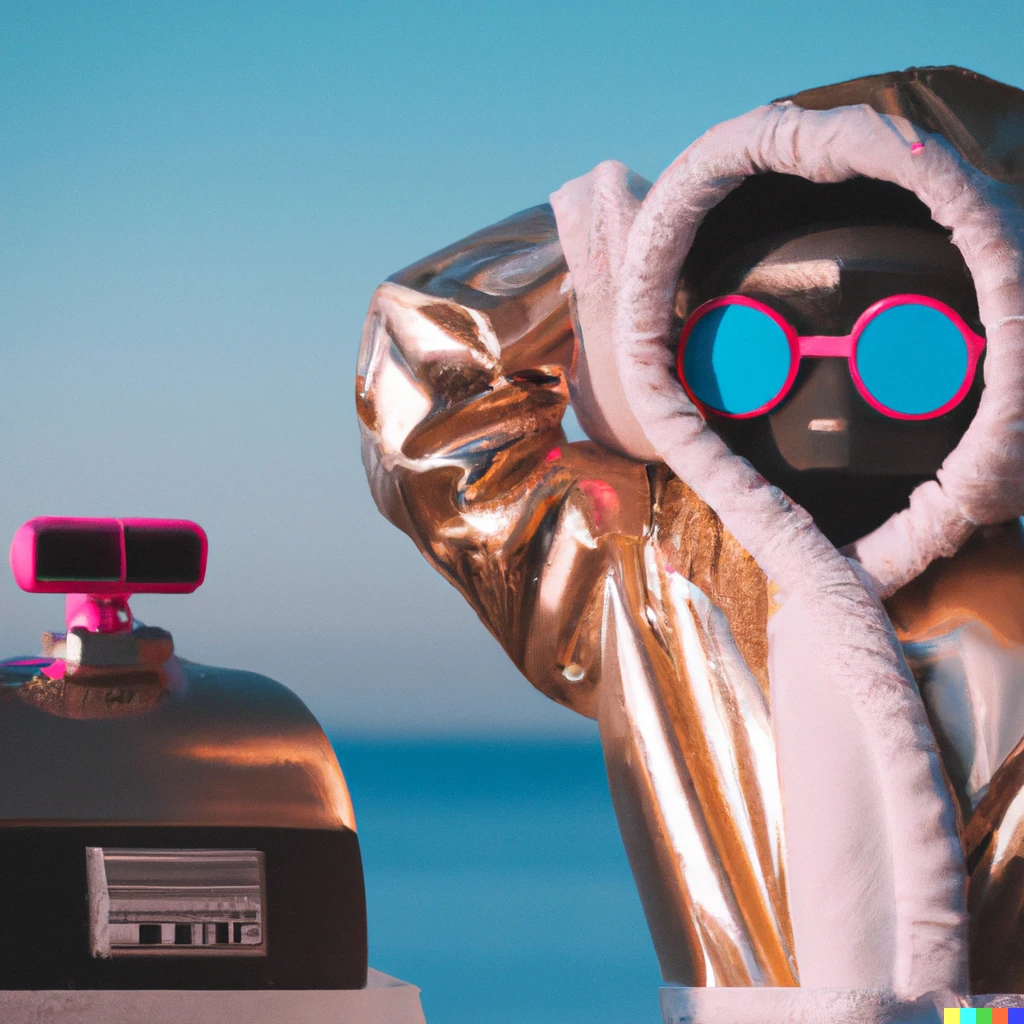 Prompt: A robot wearing retro sunglasses and a bathrobe leaning against a vaporwave hovercraft at the golden hour