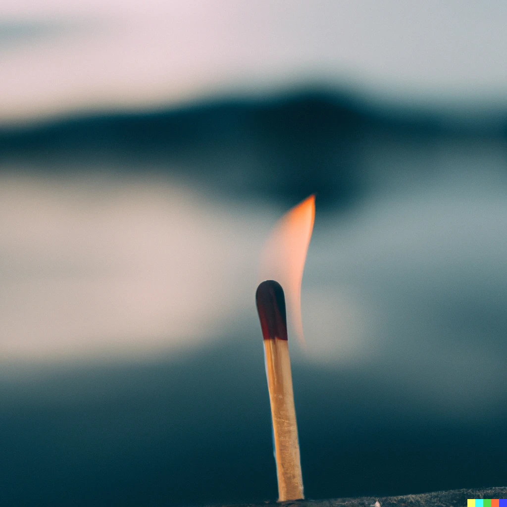 Prompt: Macro 35mm photo of a burning matchstick in front of a lake