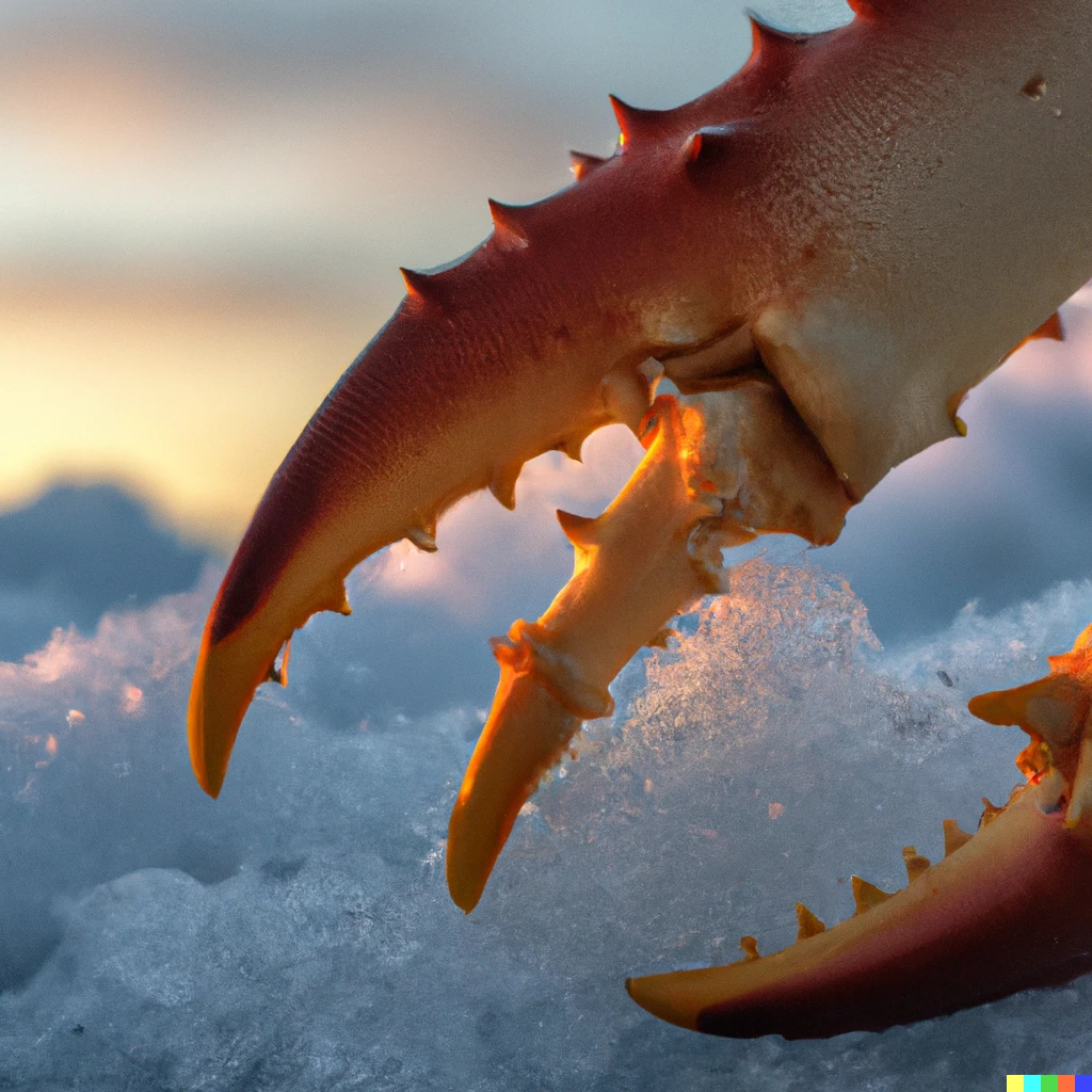 Prompt: macro 35 mm zoom in on the claw of an alaskan king crab on ice at sunrise