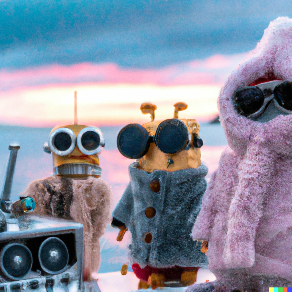 Prompt: a macro 35mm photo of a claymation band of robots wearing fluffy bathrobes and retro sunglasses performing on a sailboat at dusk