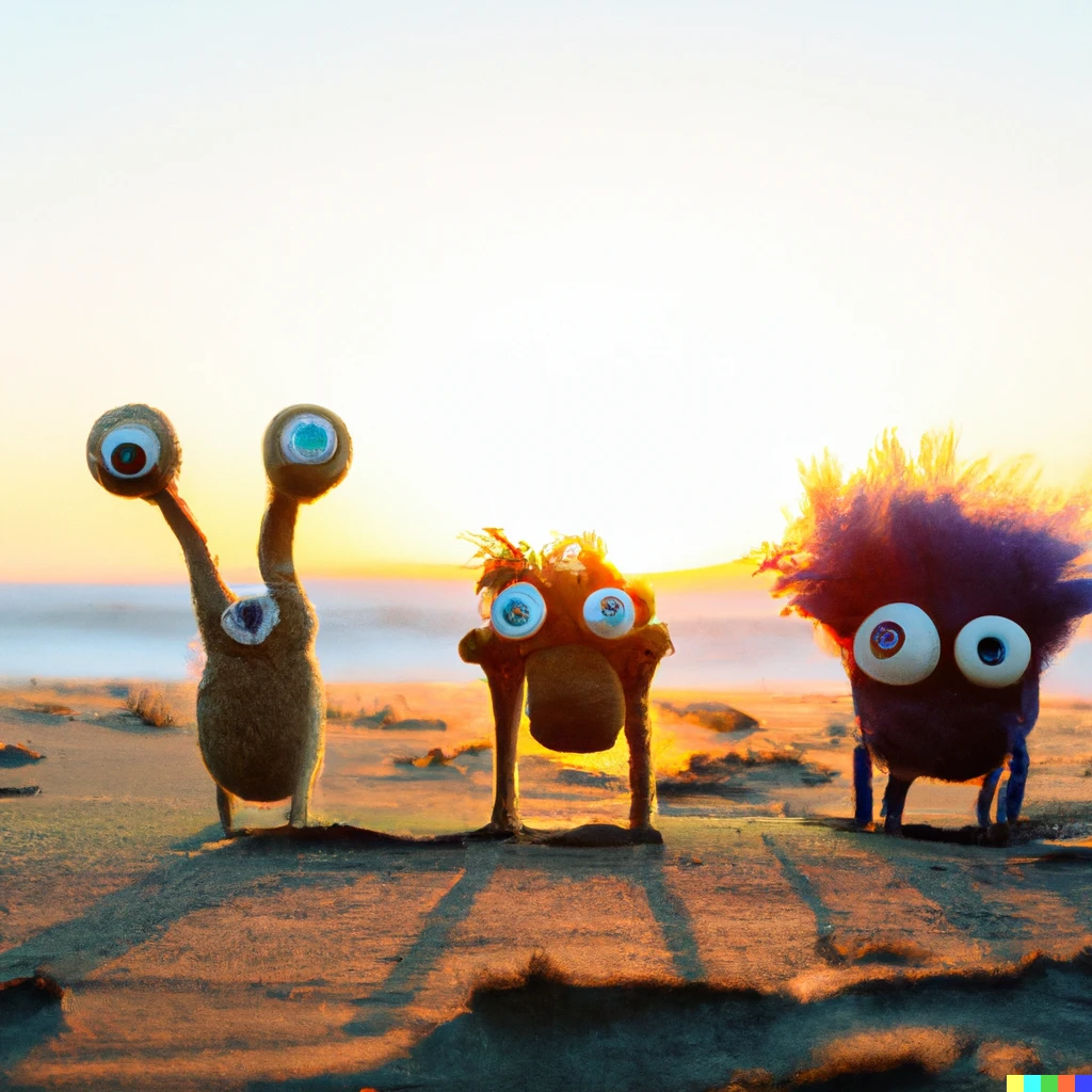 Prompt: three claymation monsters on the beach at dawn